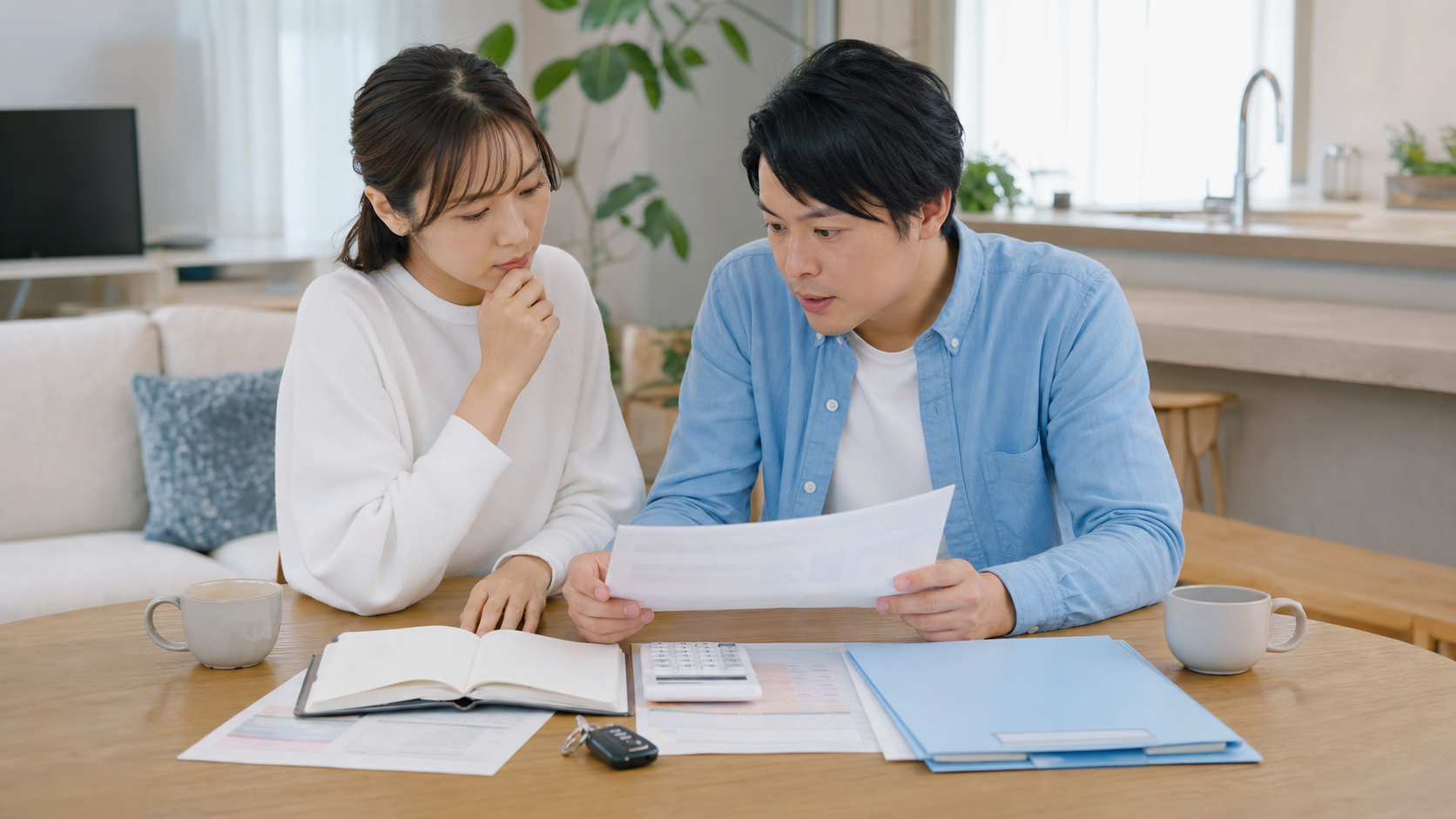 新車見積書と家計を確認する夫婦のイメージ