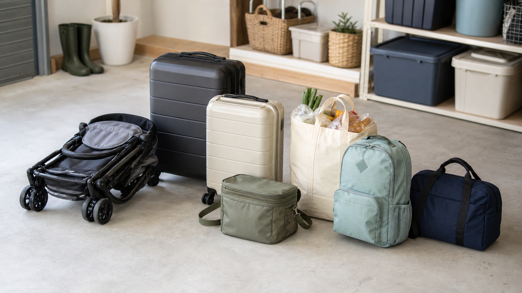 旅行かばんやベビーカーを並べた荷物量のイメージ