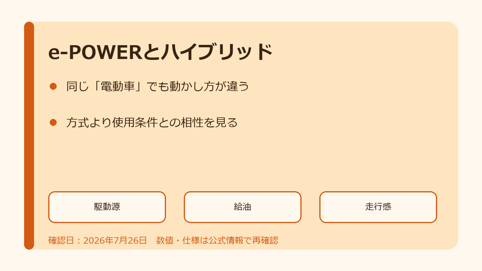 e-POWERと一般的なハイブリッドを駆動源・給油・走行感で比べる図