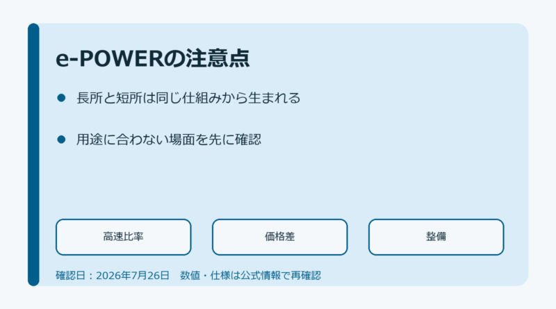 e-POWERの注意点を高速道路・価格差・整備で確認する図