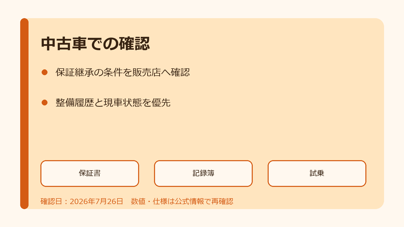 中古e-POWER車で保証書・記録簿・試乗を確認する図