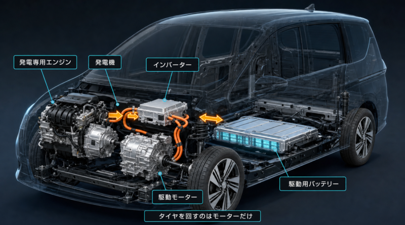 e-POWERの発電専用エンジン・発電機・インバーター・駆動モーター・駆動用バッテリー