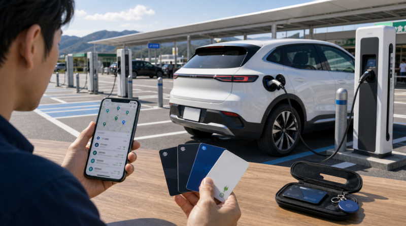 高速道路サービスエリアの急速充電器とEV充電カードを確認するドライバー
