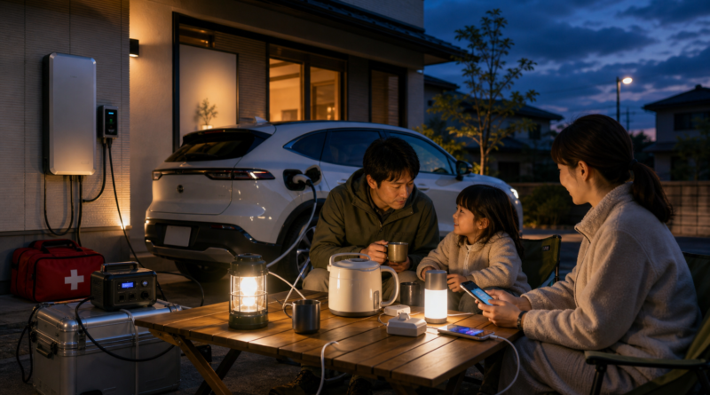 停電時にEVから照明やスマートフォンへ給電する家庭の防災準備