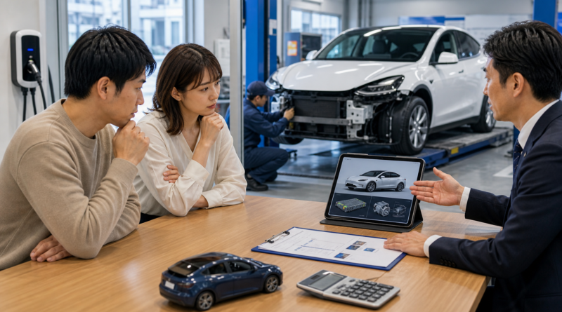 EVの修理見積もりと自動車保険の書類を確認するイメージ