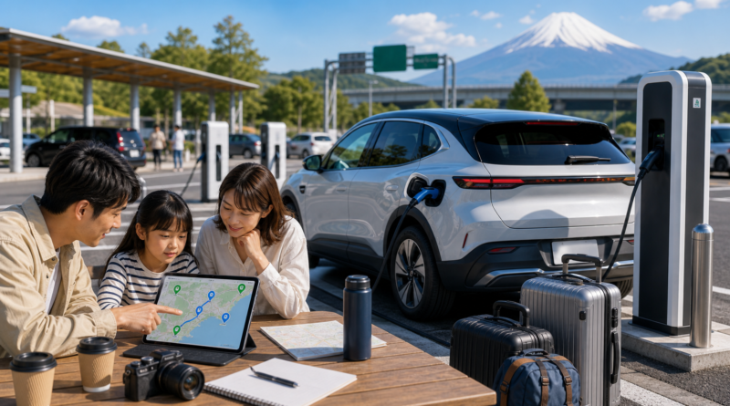 高速道路サービスエリアでEV充電計画を確認する家族