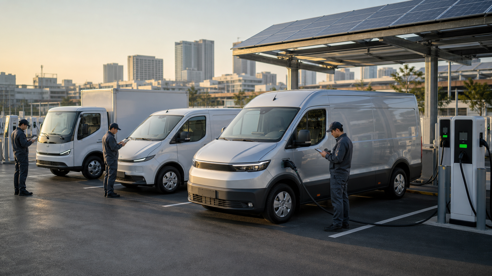 商用EVバンとEVトラックを事業所で充電するイメージ