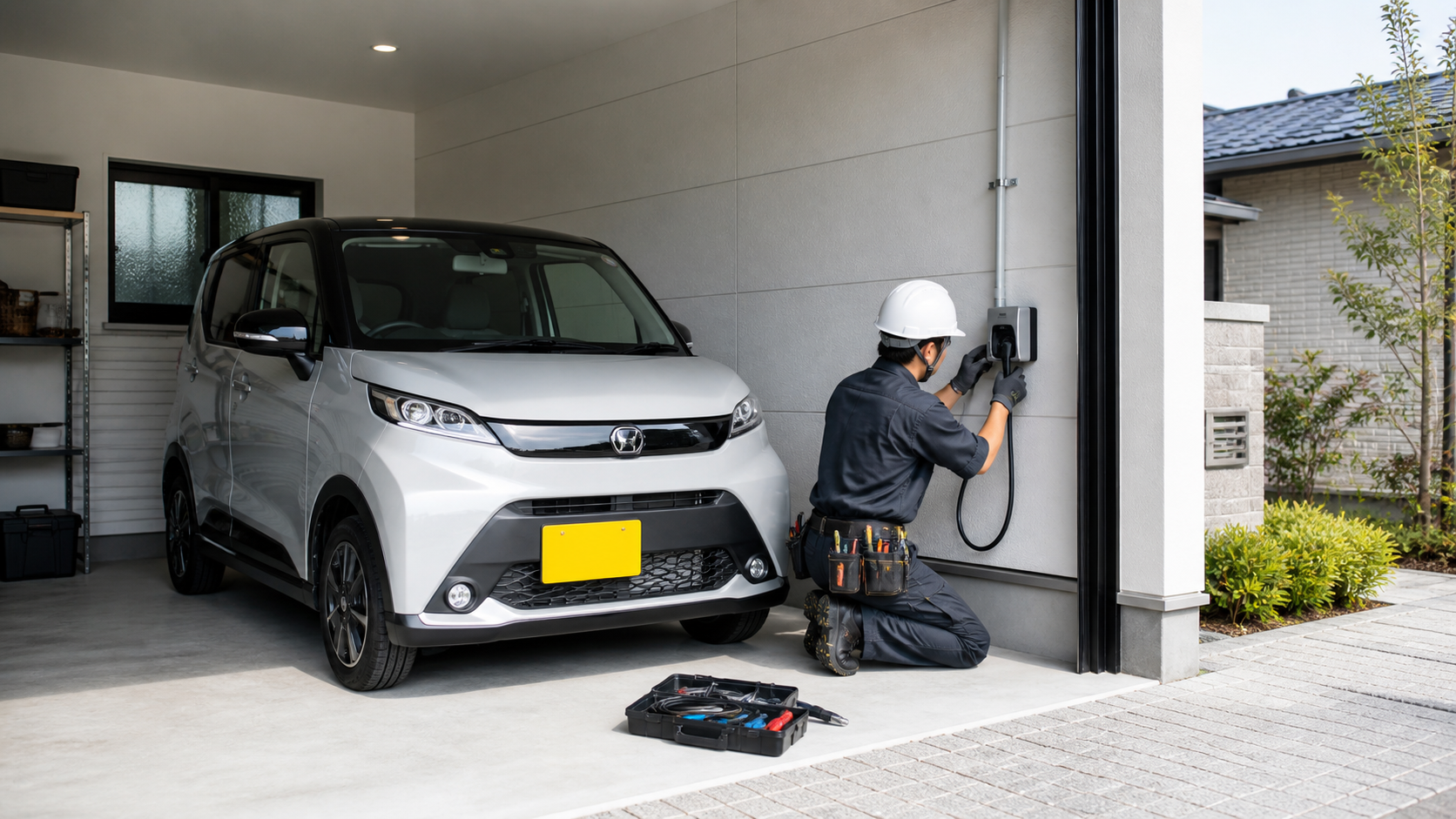住宅の駐車場にEV用200Vコンセントを設置するイメージ