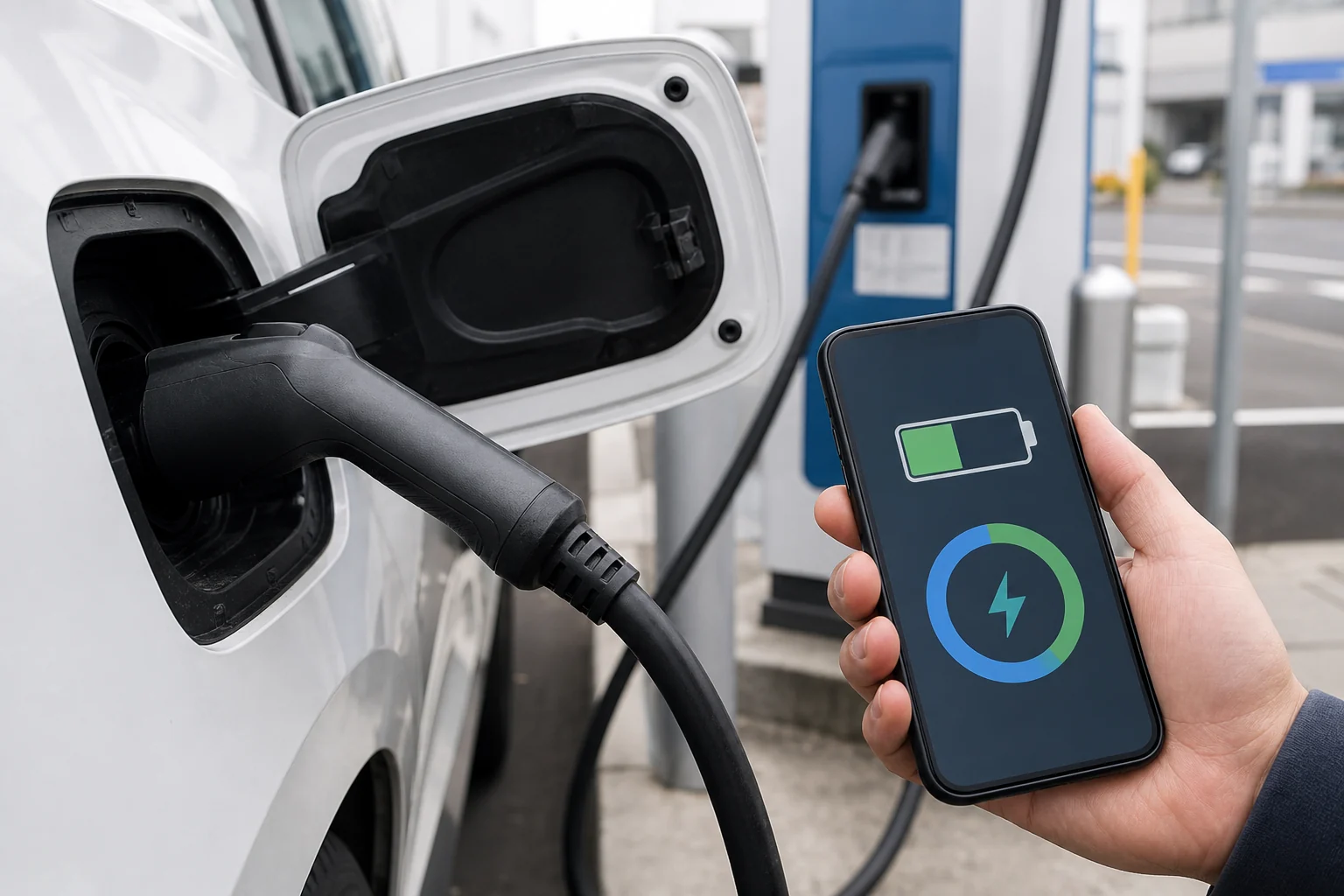 公共急速充電器につないだEVと充電状況を確認するスマートフォン
