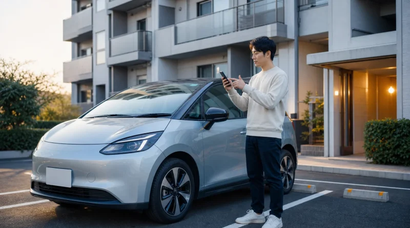 充電設備のないマンション駐車場でEVと充電場所を確認する居住者
