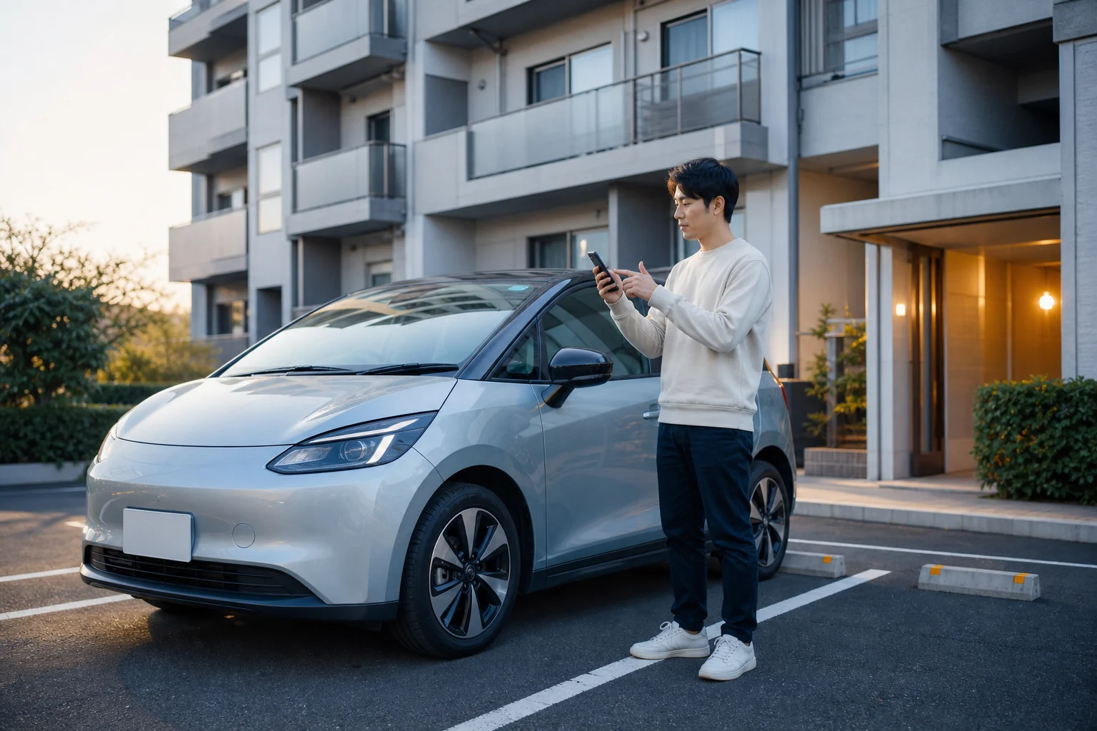 充電設備のないマンション駐車場でEVと充電場所を確認する居住者