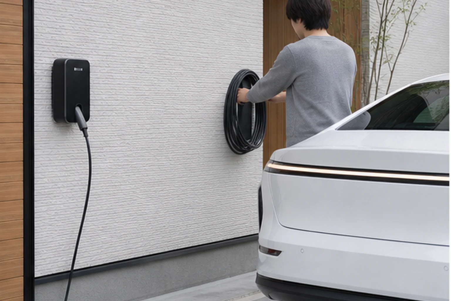 充電ケーブルを片付ける場面