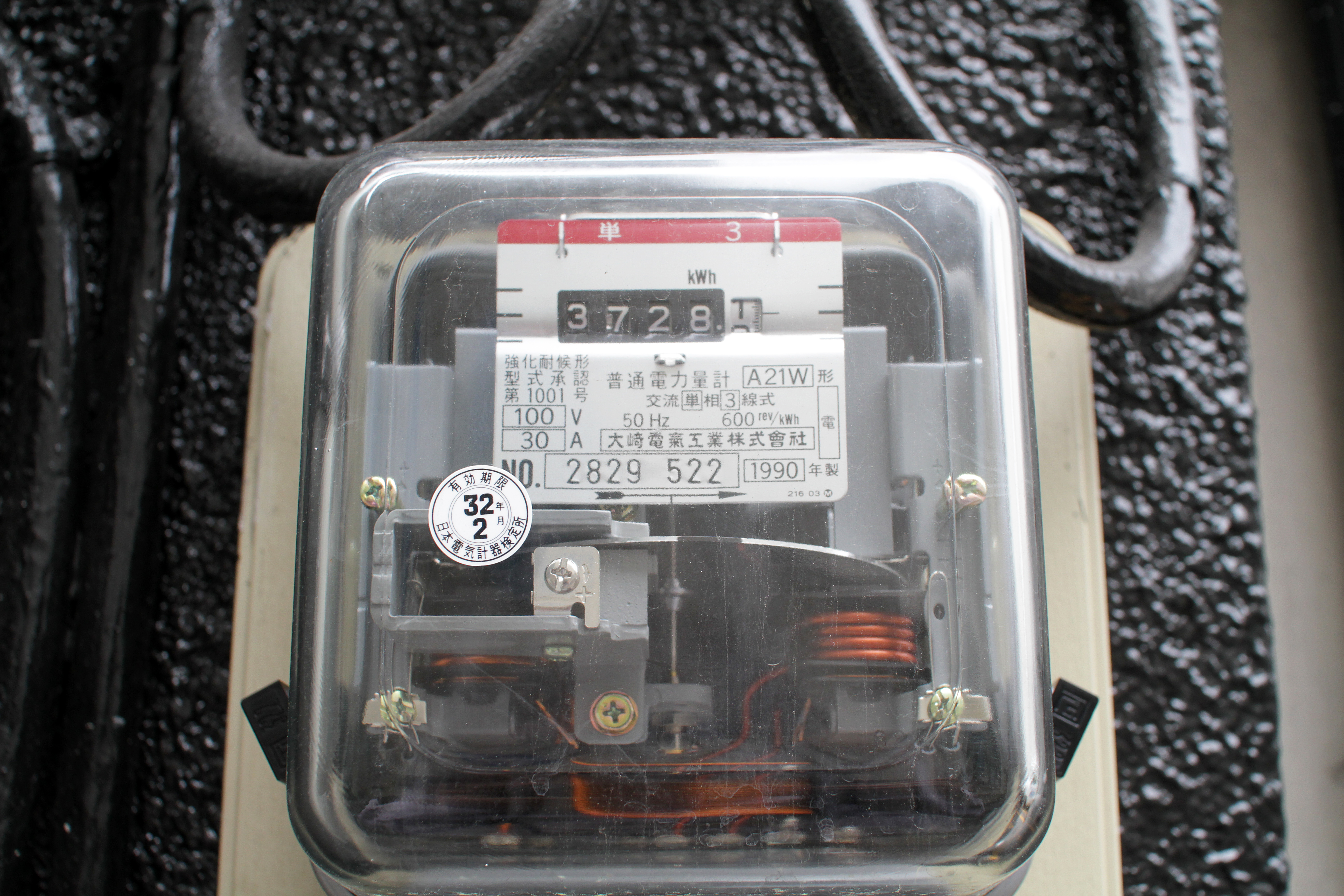 2010年に撮影された日本の旧式電力量計。家庭全体の電力量を考える参考写真