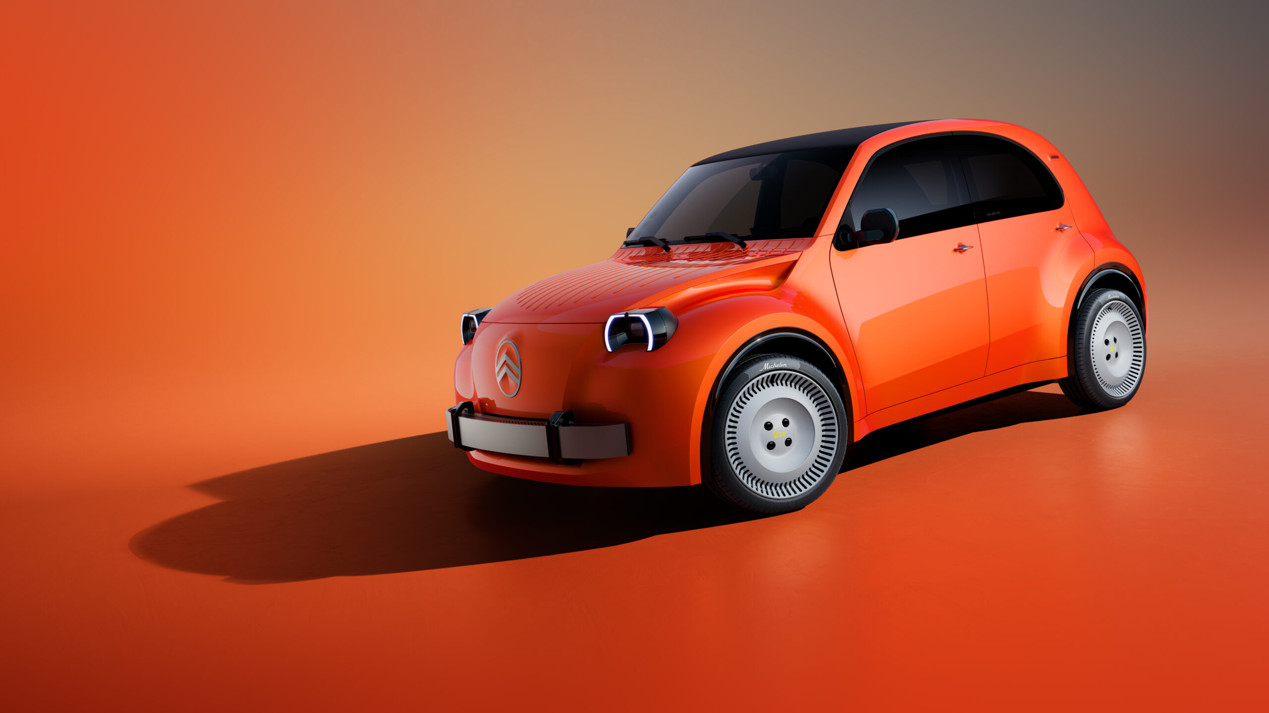 左前から見たオレンジ色のCitroën 2 CV Concept。メーカー提供のコンセプト画像。© Citroën/配布:Wismo Automotive AB。