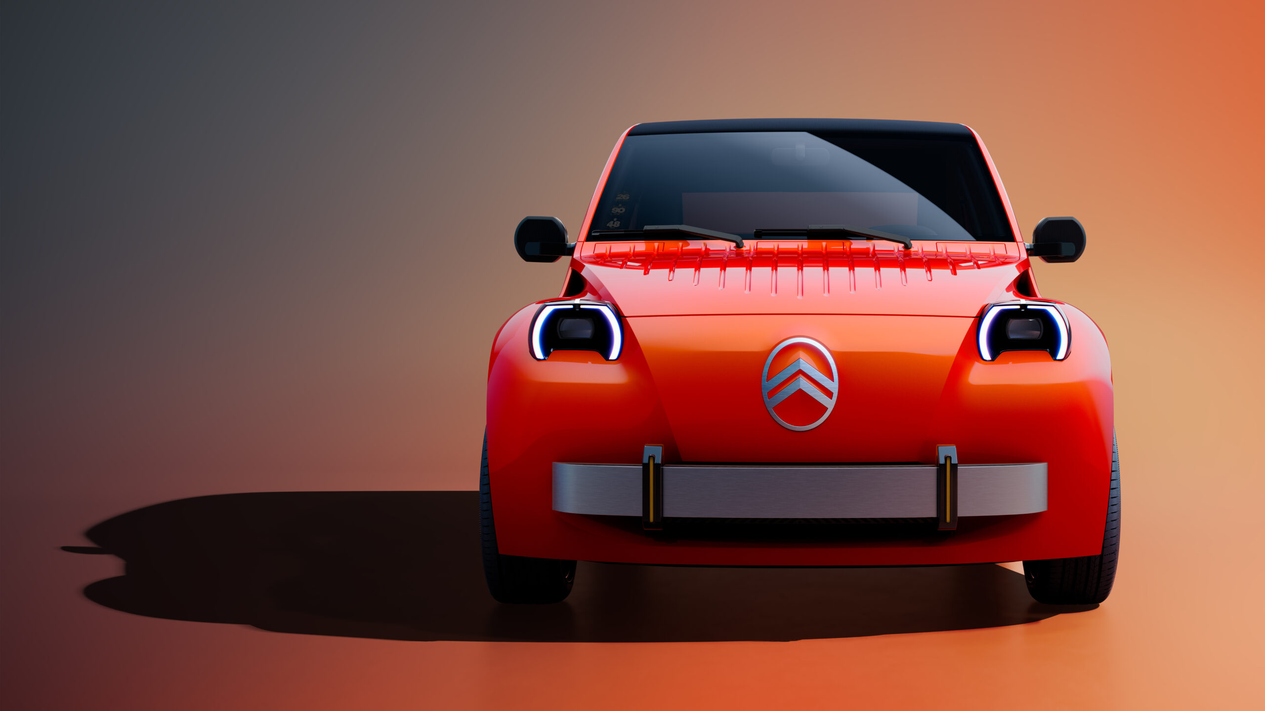 車体の前に張り出す別体バンパーが見える2 CV Conceptの正面。メーカー提供のコンセプト画像。© Citroën/配布:Wismo Automotive AB。