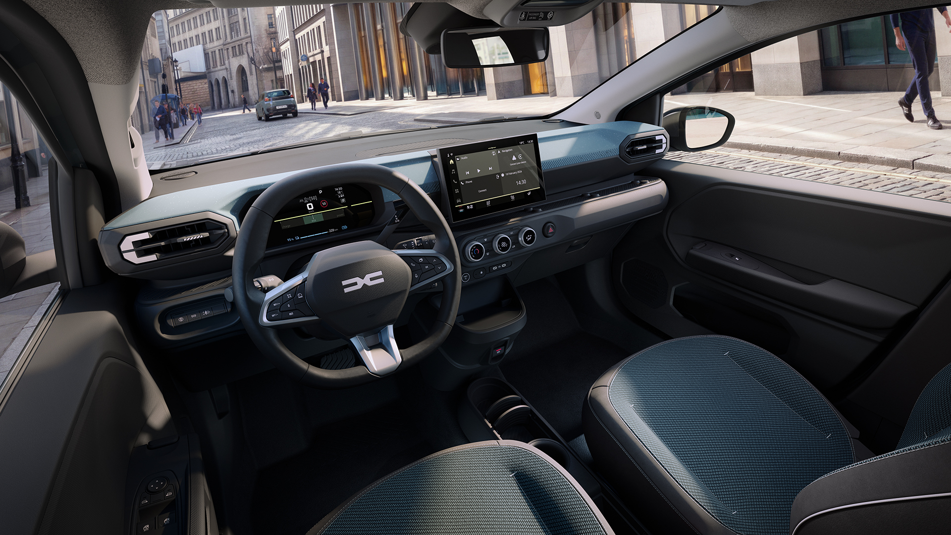 新世代Dacia Springの欧州仕様室内参考。10.1型画面はJourney側の装備で、Expression標準装備を示すものではありません。