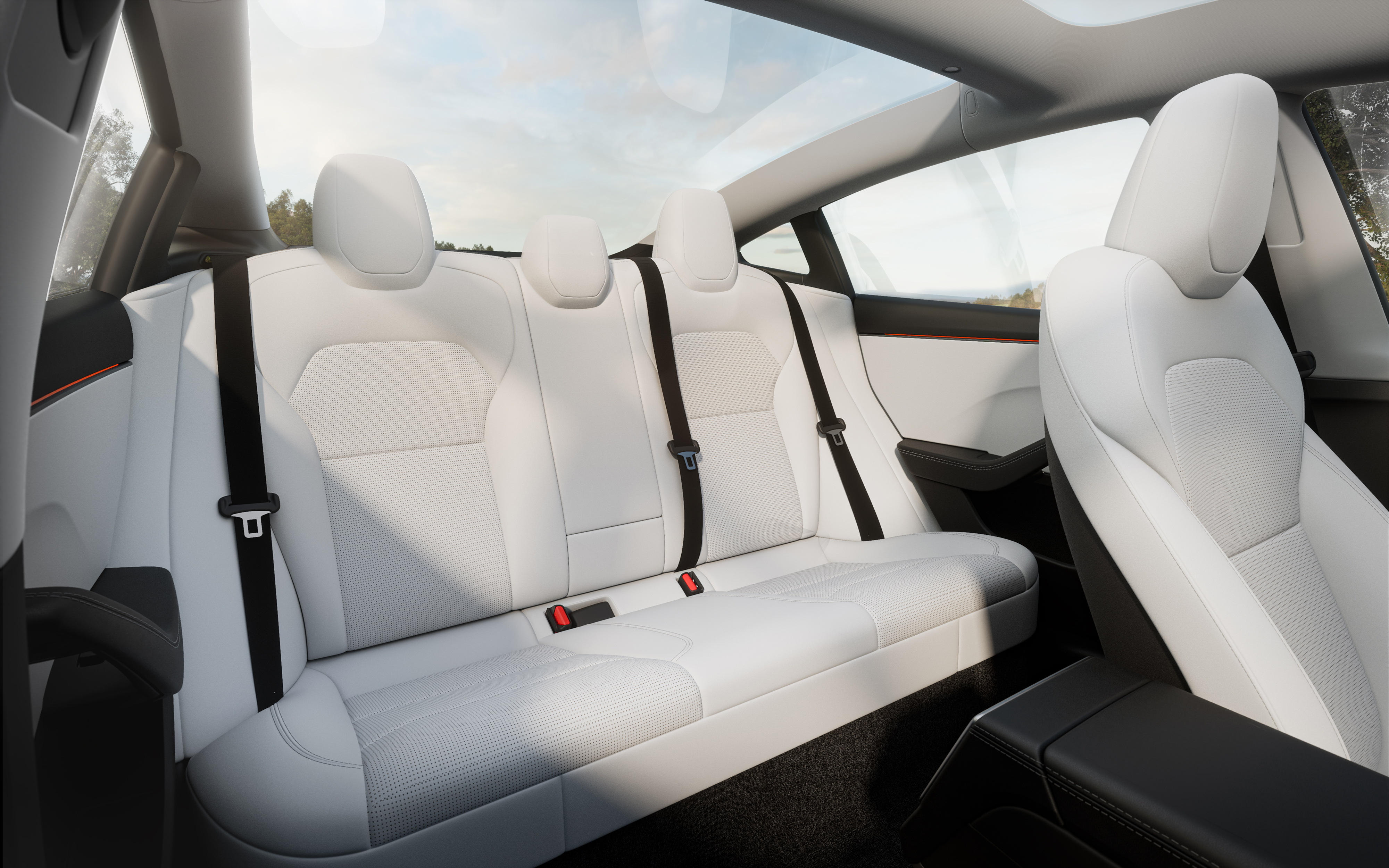 白い3人掛け後席とガラスルーフが見えるModel 3 Premiumの公式内装画像