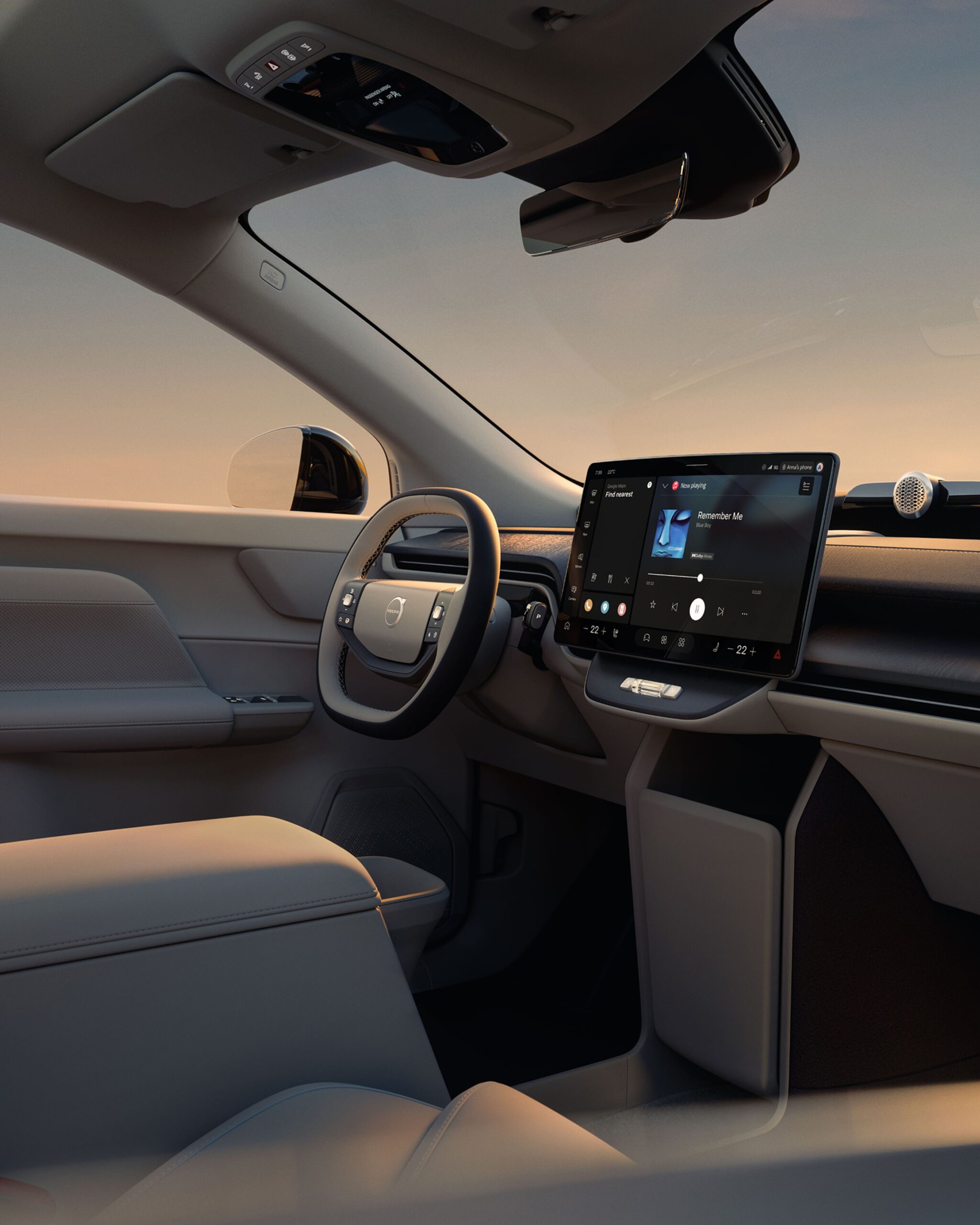 ボルボEX60の前席、ステアリングと横長の中央ディスプレイを示すVolvo Cars公式画像